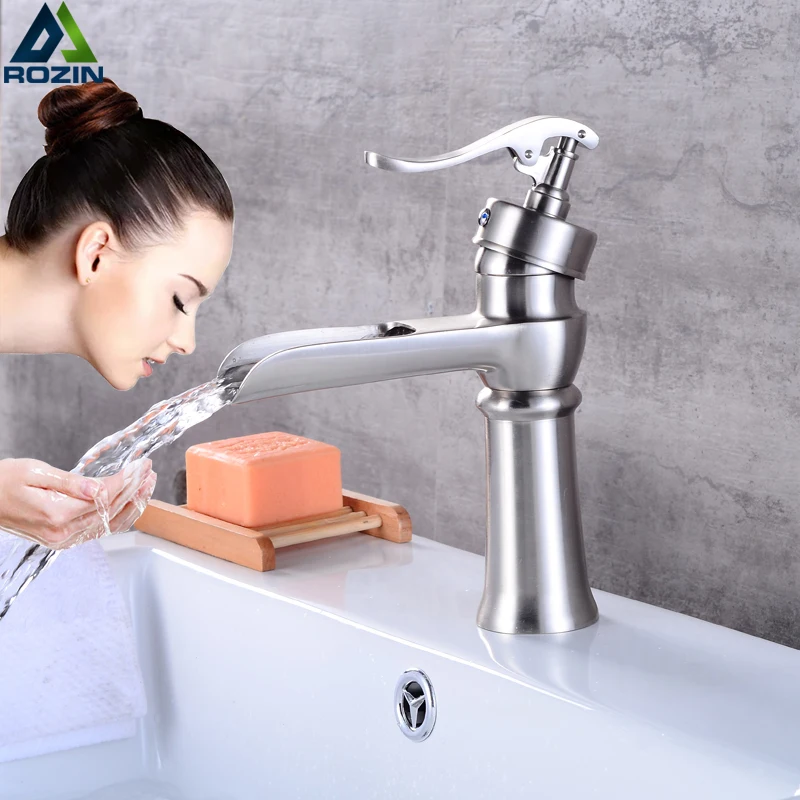 

Free Shipping Waterfall Spout Basin Faucet Brushed Nickel Pump Wash Basin Mixers with Hot and Cold Water