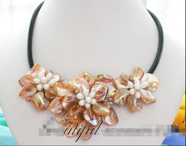 

FREE SHIPPING *z3173 luster 18" PINK SHELL pearl FLOWER NECKLACE PENDANT