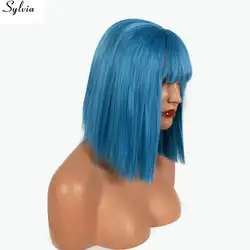 Сильвия голубая боб парик короткие Для женщин волосы с аккуратными взрыва плечо Длина синтетических фронтальной Кружево парик
