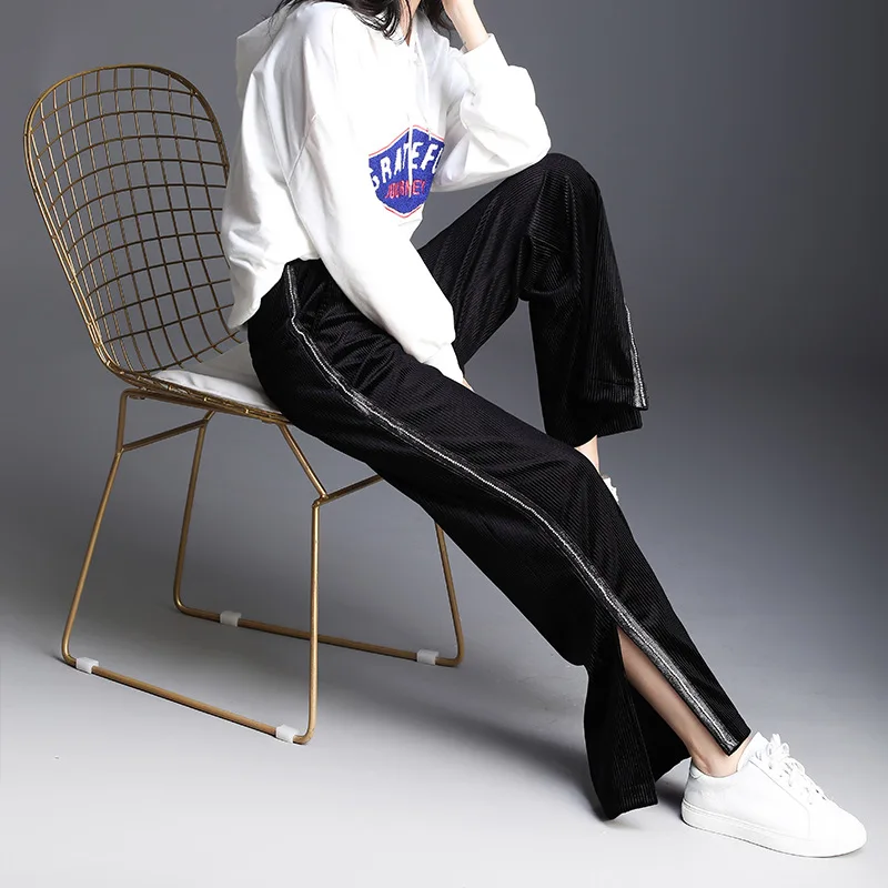 Otoño Elástica La 2018 Largos Casuales Black Pantalones De Alta Moda Cintura Ancho Mujer Negro Pierna Invierno Las Dividir Mujeres rnxrq6SO