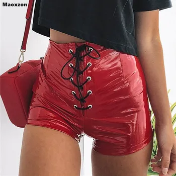 

Maoxzon Womens Sexy Club Bright PU Leather Slim Shorts For Female Hot Summer Serpentine Bandage Elastic Skinny Short Trousers