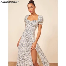 Винтажное Элегантное летнее платье с квадратным вырезом и принтом, женская короткая с рукавом-фонариком, А-линия, зауженная Талия, праздничное пляжное платье с разрезом