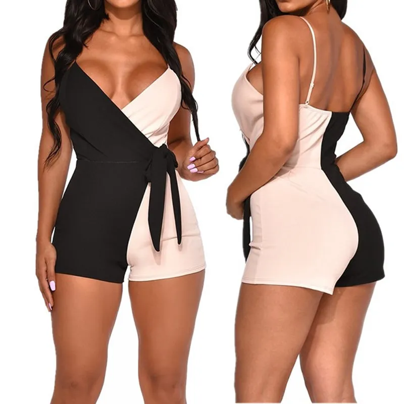 

Summer Women Spaghetti Strap Deep V-neck Bodycon Rompers Wrap Belted Backless Playsuit Party Patchwork Short Jumpsuit
