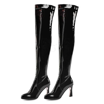 

LAIGZEM Quality Women Over Knee Boots Shiny Patent Heels Winter Tall Boots Side Zip Shoes Woman Botas Mujer Large Size 33-43