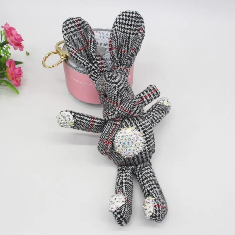 Cute Long Ear Diamond Bunny Rabbit Dolls Fashion Cartoon Plaid Keychain Toys Key Bag Pendant Dolls 5pcslot  (2)