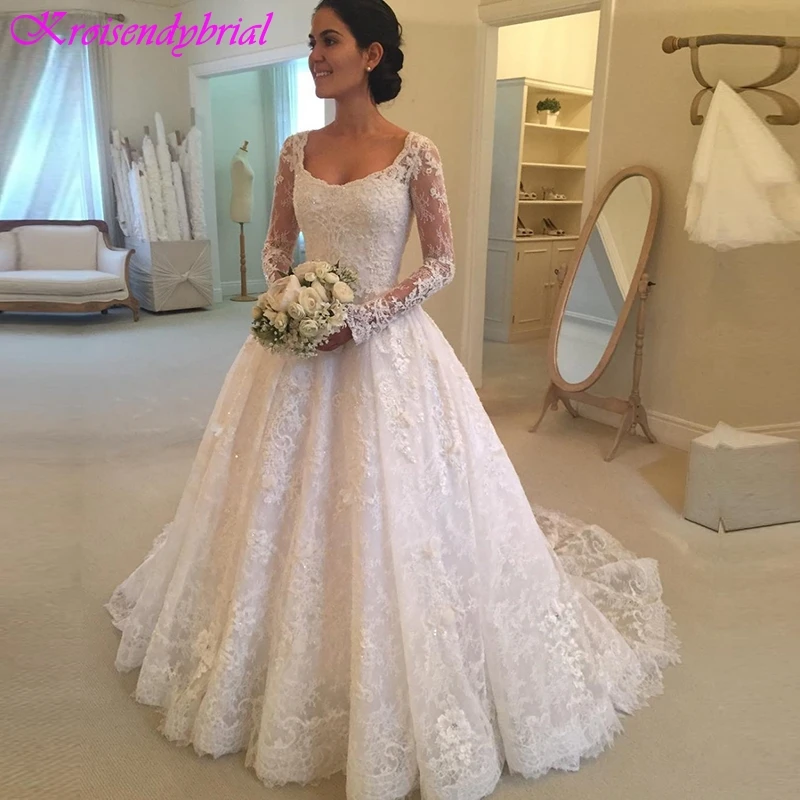 QFS011 Vestidos De Noiva кружевное свадебное платье с длинными рукавами ТРАПЕЦИЕВИДНОЕ