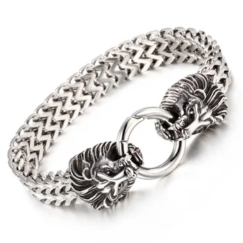 

Cool New Stainless Steel Silver Color Double Carving Lion Head Rock Figaro Chain Men Boy Bracelet Bangle Punk Jewelry 8.66"*12mm