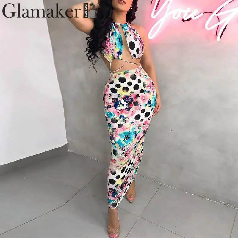 

Glamaker Hollow out halter backless sexy dress Female floral print summer two-piece party maxi dress Women bandage bodycon dress