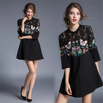 

Women's Floral Embroidery Dress Newest Fashion O-neck Half sleeve Plus Size Women Vintage Black Autumn Dresses Vestidos