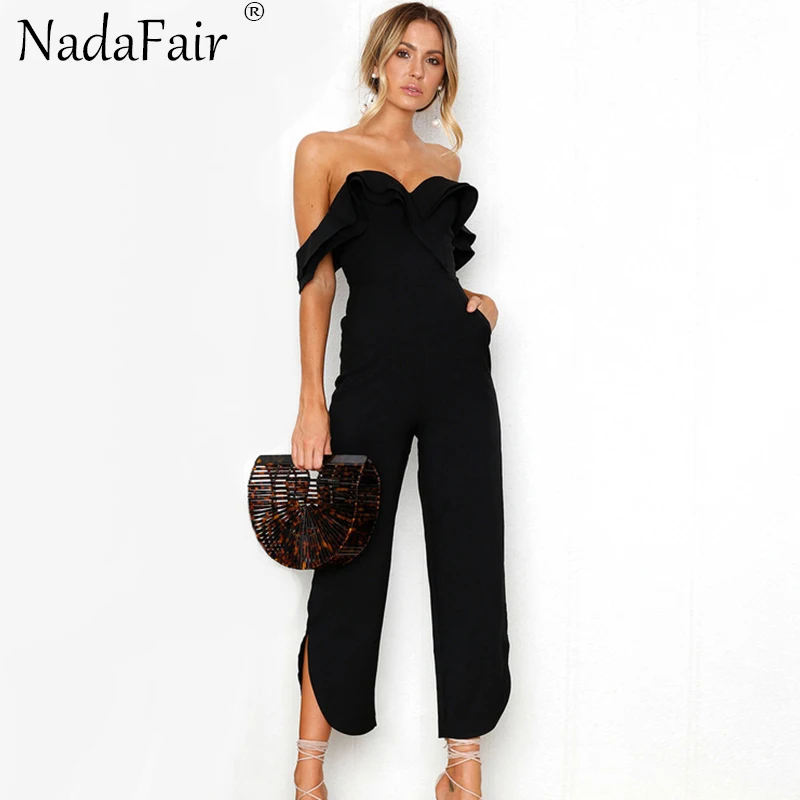 Nadafair со складками, с открытыми плечами сексуальные комбинезоны Для женщин комбинезон спинки тонкий Повседневное ботильоны-Длина брюки