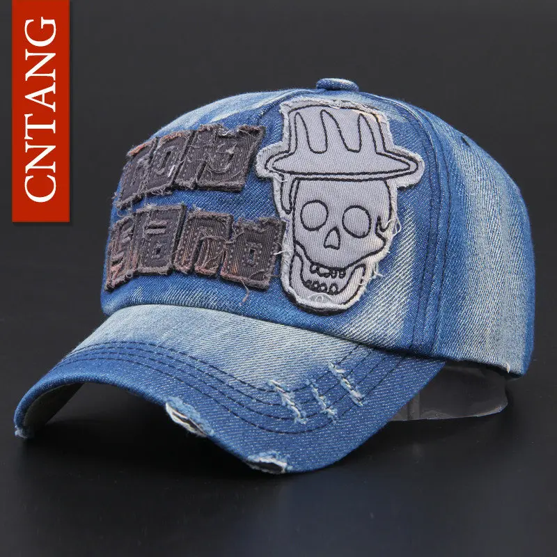 CNTANG джинсовые хлопчатобумажные вышитые буквы, шляпа с черепом для мужчин и женщин, хип-хоп бейсболка, модная бейсболка, винтажная брендовая летняя кепка s - Цвет: Blue