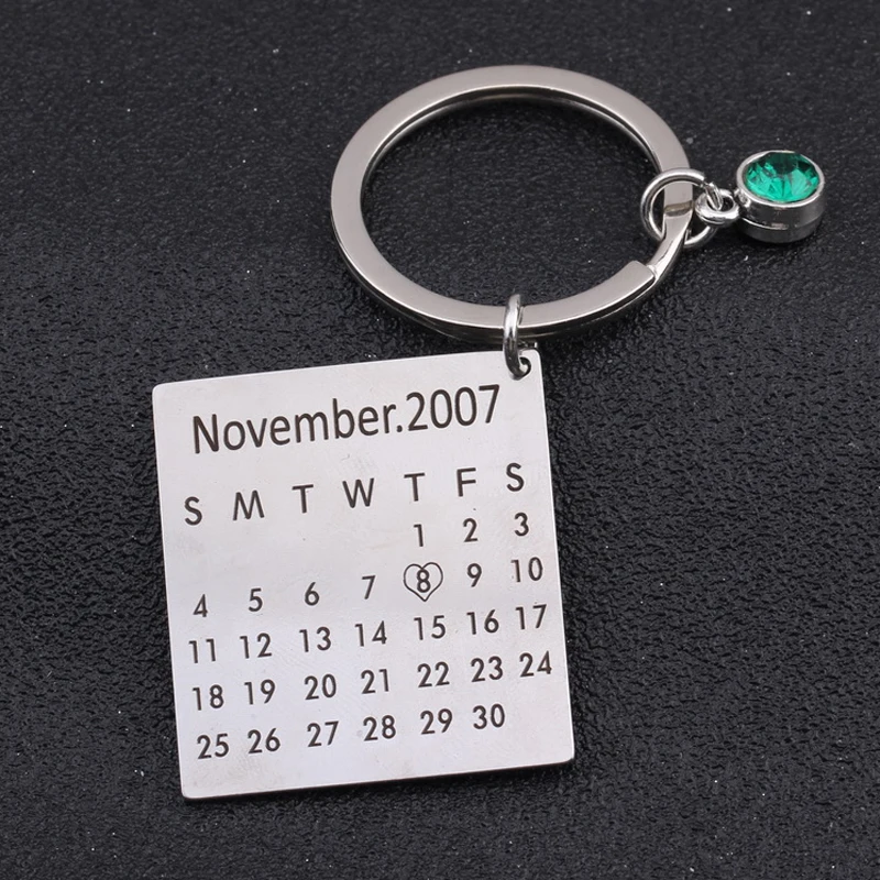 Custom Keychain Engraved Highlighted with Heart Date Birth Stone Choose Keepsake Calendar Pendant Souvenir Key Holder | Украшения и