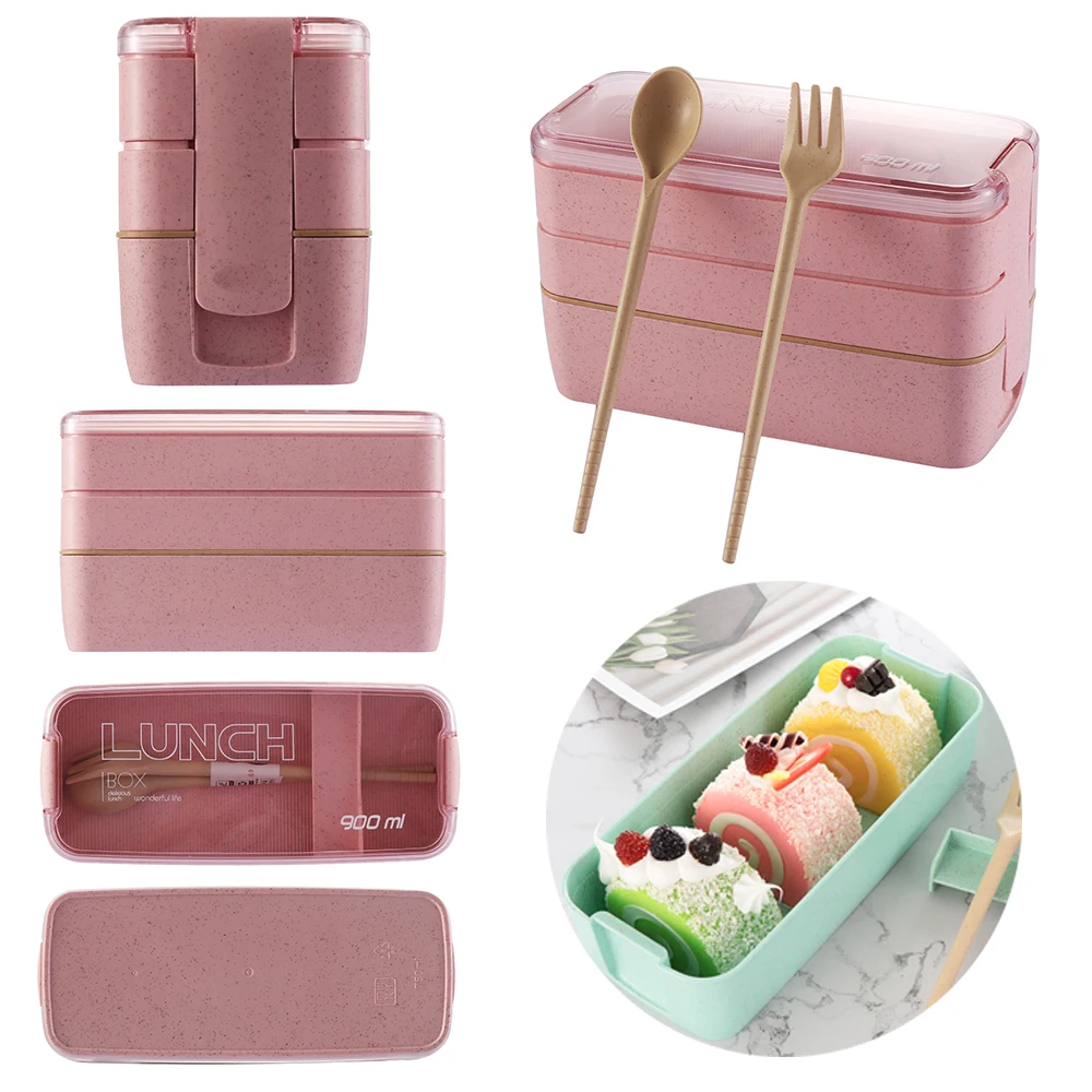 

900ml 3 Layer Lunch Box Wheat Straw Boxes Microwave Dinnerware Food Storage Container Lunchbox with Fork Spoon
