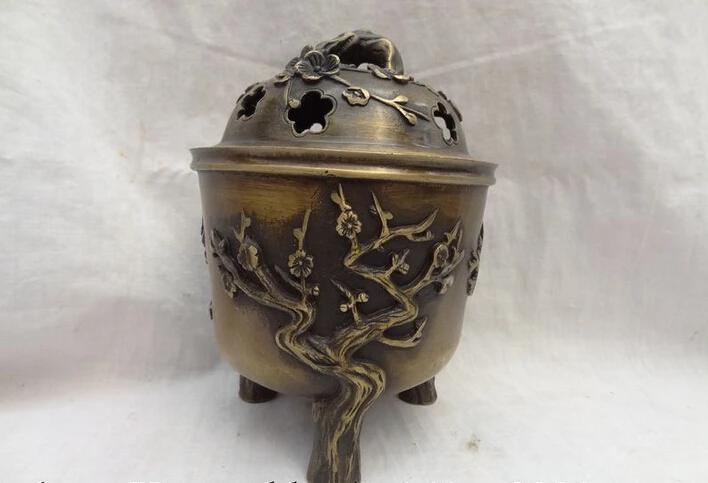 

S2870 Chinese Bronze Club Plum Blossom Tree Statue Old Tibet Incense Burner Censer D0317