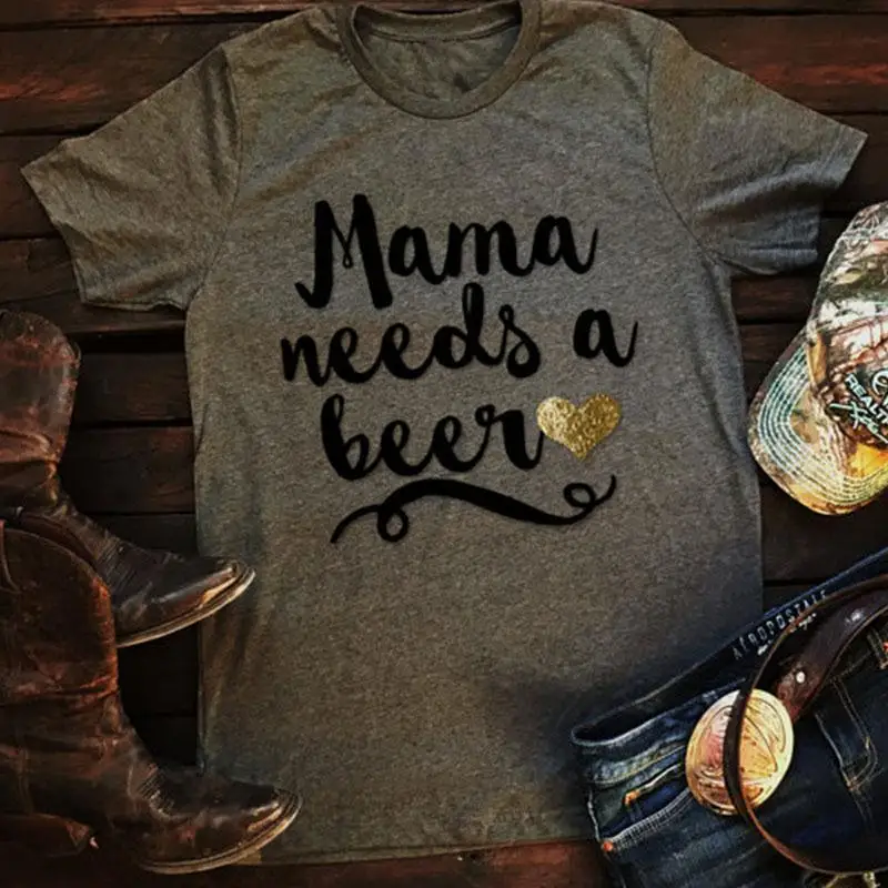 

T-Shirt Women Short Sleeve Fashion Summer Mama Needs a Beer Heart Print T-Shirt Gray Casual T Shirt Female Lady Tops Tee 3XL