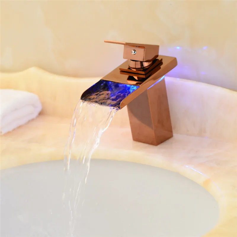 

Hot Sale Waterfall Bathroom Faucet Deck Mounted Brass Vanity Sink Mixer Tap Hot & Cold,the basin faucet,the rose gold faucet