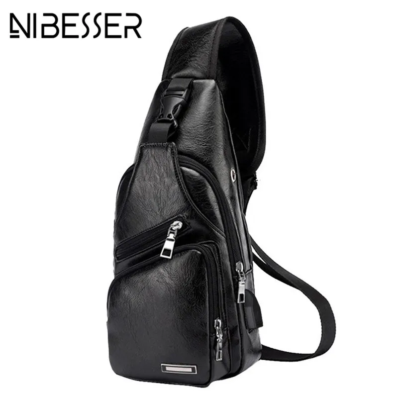 

NIBESSER Chest Bag Men PU Leather Chest Pack USB Backbag With Headphone Hole Functional Travel Organizer Male Sling Waist Bag