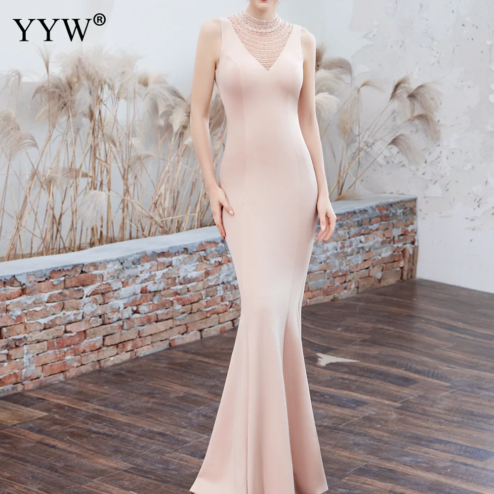 

Formal Evening Gowns Mermaid Long Women Party Dress 2019 High Neck Sequin Mesh Slim Floor-Length Dress Backless Sexy Robe Femme