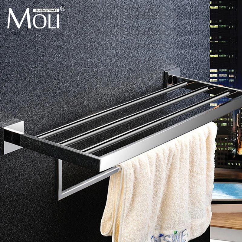

Mirror polished stainless steel towel rack square single layer towel holder with bar wall mounted bathroom accessories