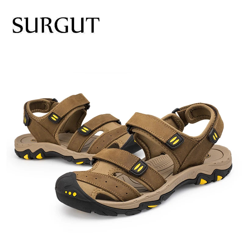 SURGUT New Fashion Summer Beach Breathable Men Sandals Brand Genuine Leather Men's Sandals Man Casual Shoes Plus Size 38-47