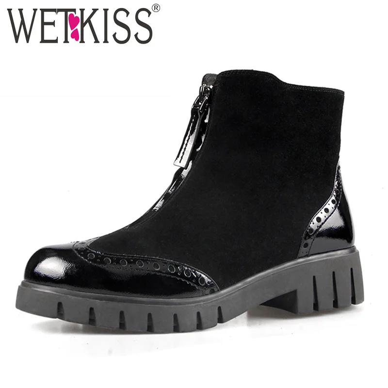 

WETKISS Cow Leather Women Ankle Boots Round Toe Footwear Warm Wood Liner Zip Female Boot Platform Shoes Woman 2018 Autumn New