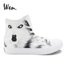 Вэнь ручная роспись обувь Снег Волк животное живопись белый холст высокие кроссовки обувь унисекс шнуровка Эспадрильи на плоской подошве Zapatos
