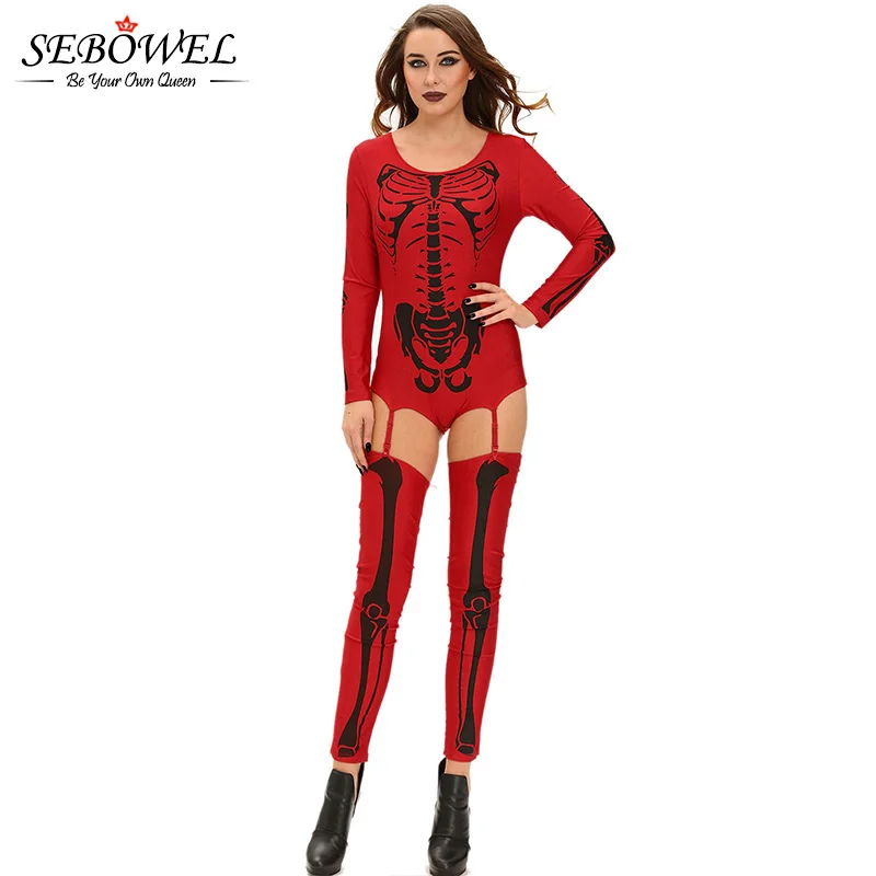 SEBOWEL кости скелета взрослых Хэллоуин страшные костюмы для женщин белый с длинными рукавами боди с подвязками ремни и бедра