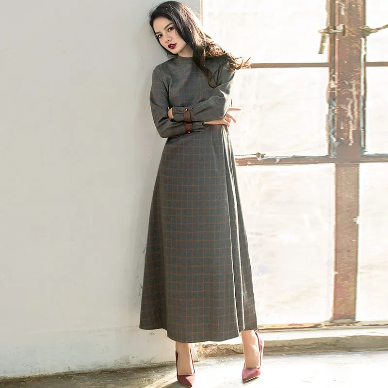 VERRAGEE elegant women vintage maxi long sleeve plaid dress 2017 designer a-line retro casual office work big size dress womens-long-maxi-dresses : image VERRAGEE elegant women vintage maxi long sleeve plaid dress 2017 designer a-line retro casual office work big size dress womens-long-maxi-dresses