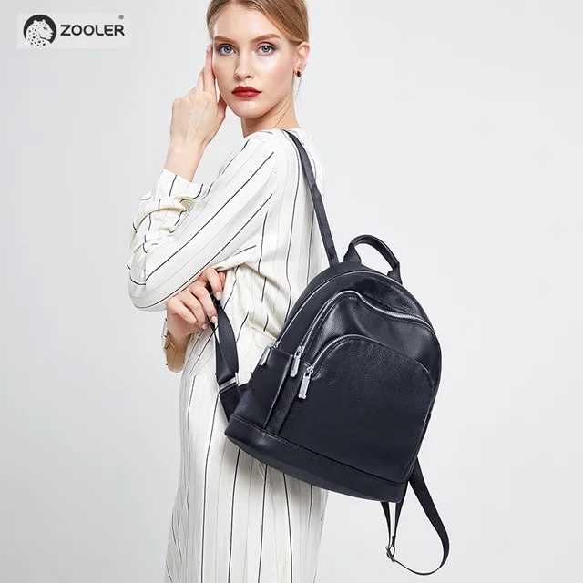 ZOOLER 100% Real Genuine Cow Leather Black Silver Women Functional Backpack Lady Girl Top Layer Cowhide School Bag Mochila#HH200