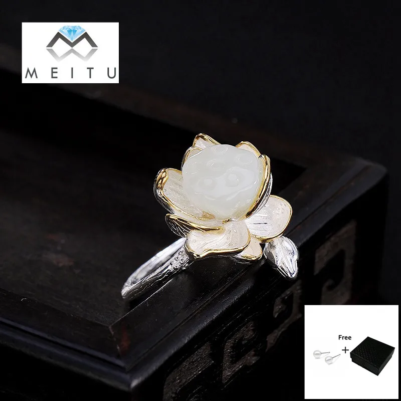 

Real S925 Pure Silver rings Jade seedpod of the lotus Flower Open Ring For Men Male Fashion Adjustable Size Buddhitic Gifts R-66