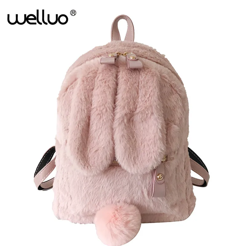 لطيف فو الفراء حقيبة ظهر صغيرة أرنب الأذن النساء السفر حقائب كتف الأزياء أفخم Bagpack الظهر حقيبة مدرسية للبنات XA566WB