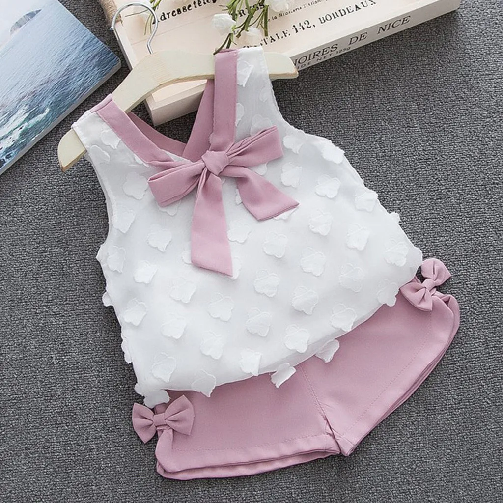 

roupa Toddler Kids Baby Girls Outfits Summer 2019 Bowknot T-shirt Vest+Shorts Set Girls lol party Clothes vetement enfant fille