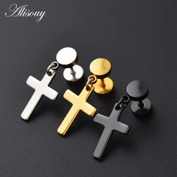 Alisouy Barbell Style Cross Hanging White Black Gold Color Stainless Steel Female Male Stud Earrings Women Men Studs Earring