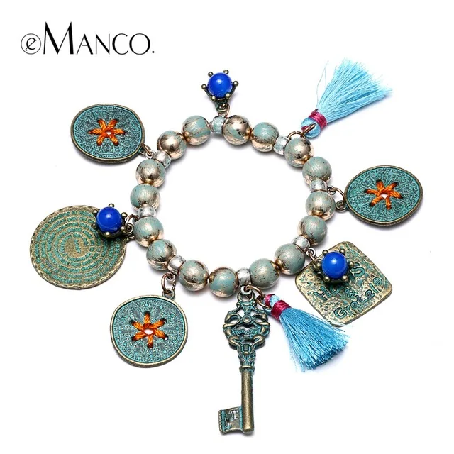 

Ethnic Blue Tassel Round Charms Bracelets for Women Alloy Beads Ancient Bronze Plated Fashion Jewelry BL06924
