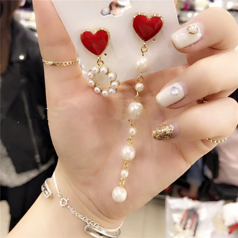 

2017 New Korean Sweety Drop Oil Heart Simulated Pearl Boucle D'oreille Pendante Femme Asymmetry Circle Dangle Earrings