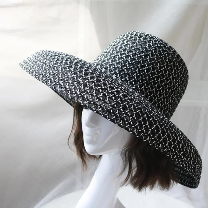 Для женщин пляжная шляпа от солнца широкие поля, из соломы шляпы анти-УФ Portection широкополая шляпа от солнца Кепки Складная летняя шляпа