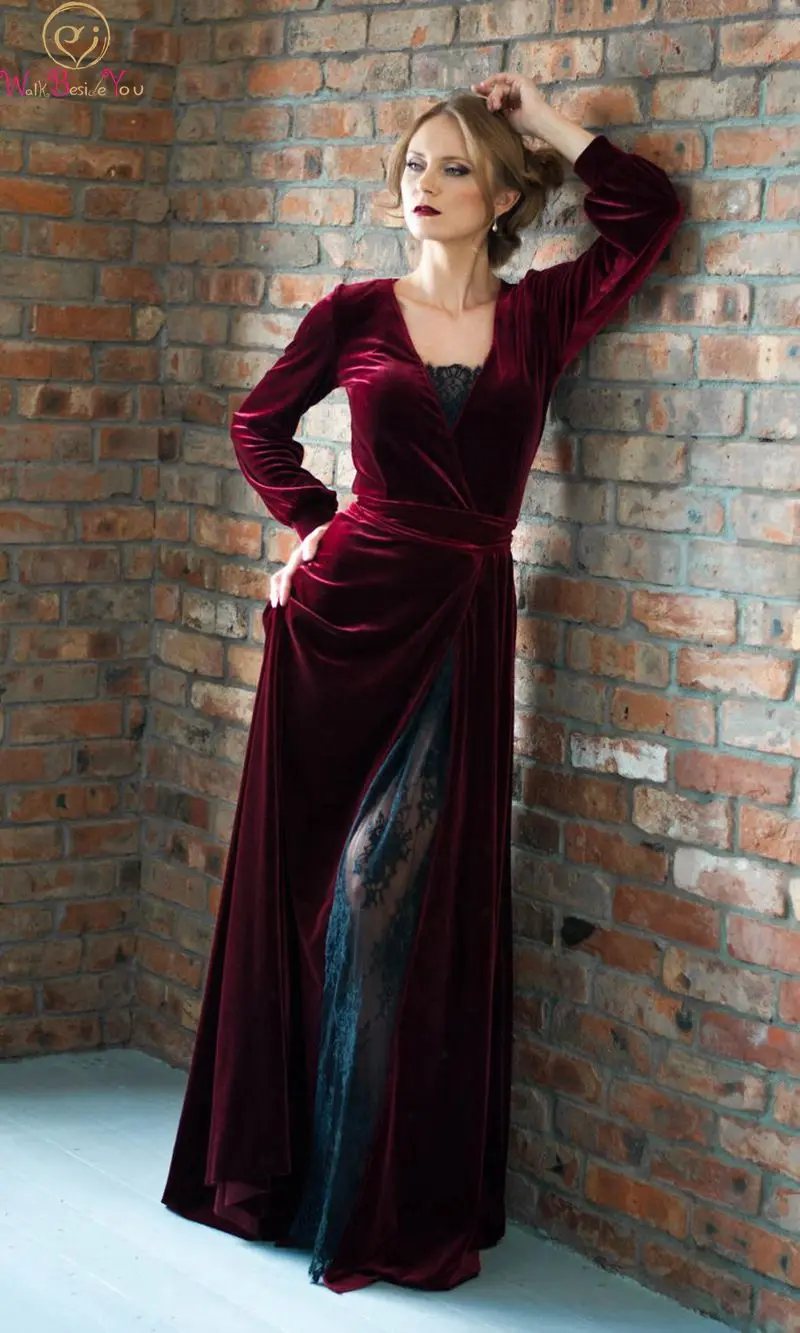 

Fashion Wine Red Prom Dresses 2019 Women Sexy Split V Neck A Line High Quality Long Sleeve Formal Velour Cocktail Party Gowns