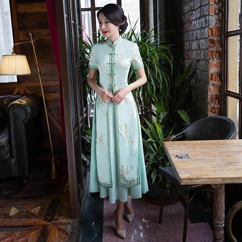 Новинка Ципао длинное платье Чонсам из двух частей китайское традиционное платье размера плюс Летнее цветочное винтажное платье восточные халаты