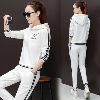 

Spring And Autumn New Korean Womens Track Suit With Hood Letter Sport Suit Women Tracksuit Casual Clothing Stripe Woman Outfits