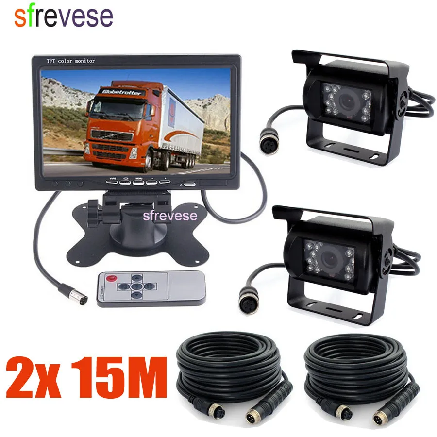 

2 x 18 IR Night Vision CCD Reversing Camera 4Pin Waterproof + 7" LCD Monitor Caravan Rear View Kit For Bus Truck