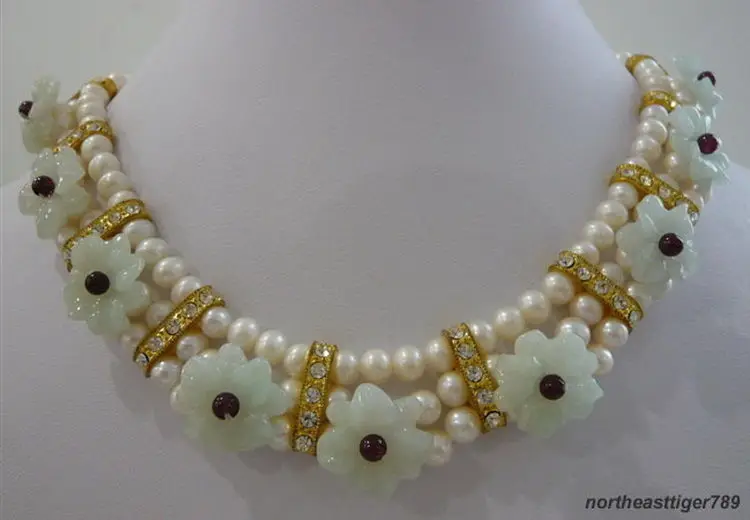 

Hot sale Real White Pearl Natural Jade Flowers 18KWGP Crystal Pendant Necklace