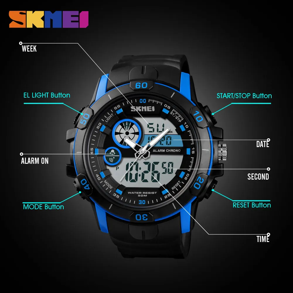 SKMEI мужские спортивные часы Dual Time будильник День Дата водостойкие цифровые наручные часы секундомер часы Relogio Masculino 1428