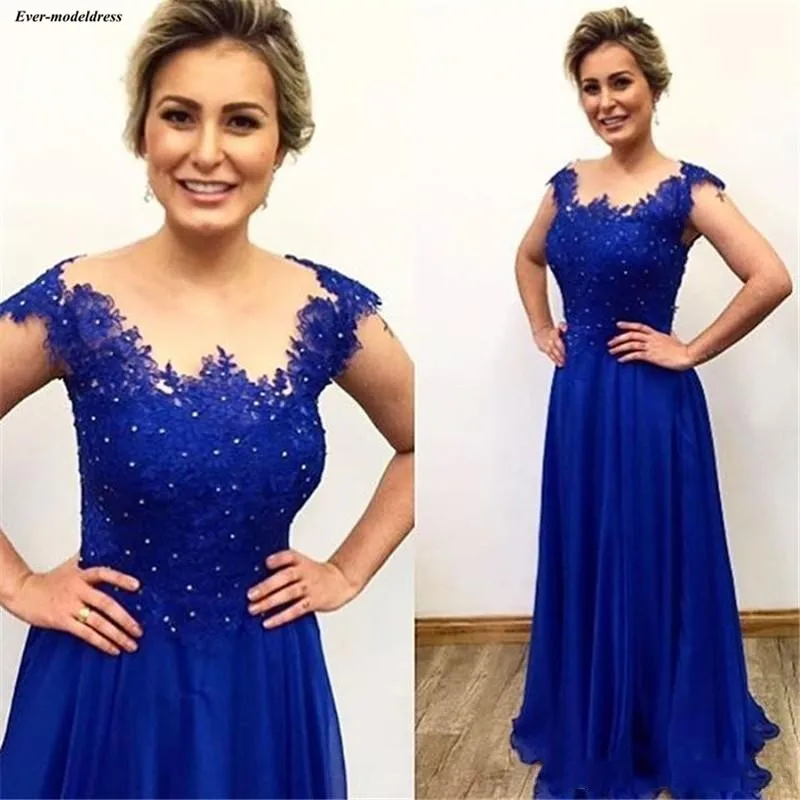 Королевский синий элегантное шифоновое платье для матери невесты платья, аппликации из кружева с блестками и прозрачное декольте платье