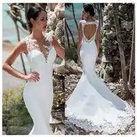 Sexy Meerjungfrau Hochzeit Kleid Ärmellose Spitze Appliqued Illusion Zurück Boho Brautkleid Lange Zug Backless Braut Kleid