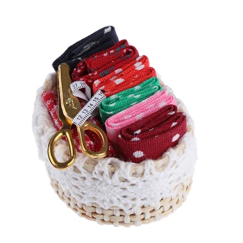

Miniature Sewing Set Wicker Basket with Mixed Sewing Accessories 1/12 Scale Dollhouse Bedroom Furniture Decor Toys