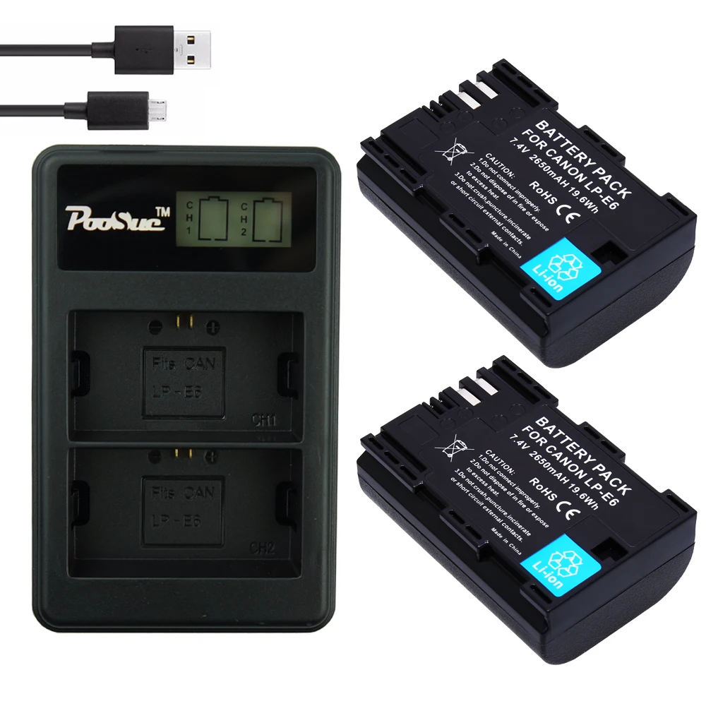 2* LP-E6  Battery 2650mAh LP E6 E6N +LED USB Dual Charger for Canon EOS 60D 70D 5D Mark II 5D Mark III,5D Mark IV digital camera
