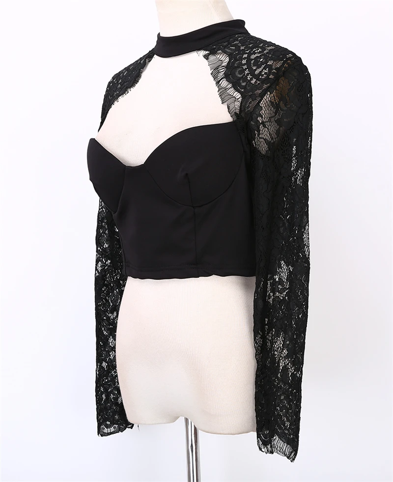 Модные летние женские повседневные сексуальные кружевные топы, блузка с длинным рукавом и вырезами, Короткие топы, рубашки, черные белые блузки