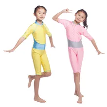 Children Girl One Piece Muslim Swimwear Kids Girls Breathable Swimsuit Patchwork Beachwear With Zipper Pink Yellow Colors 2017