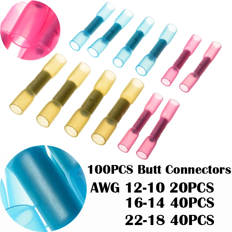 100pcs Assorted 22-10AWG Heat Shrink Butt Wire Connectors Crimp Terminals Kit
