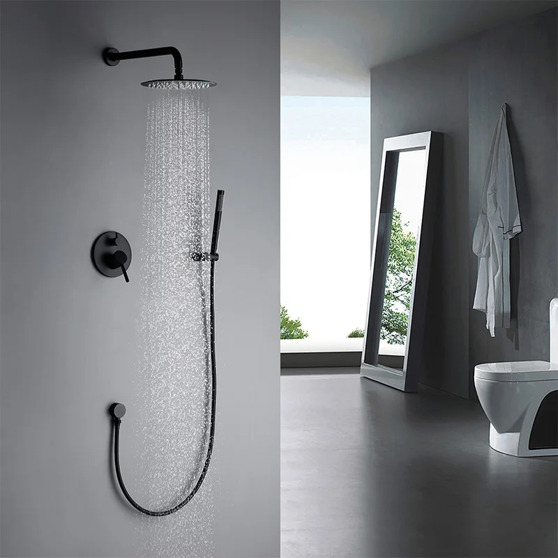 Sold Brass Matte Black Round Shower Set 8/10/12 Inch Head Straight Wall Arm Set With Mixer Taps Alba Black Bathroom Bath Faucet